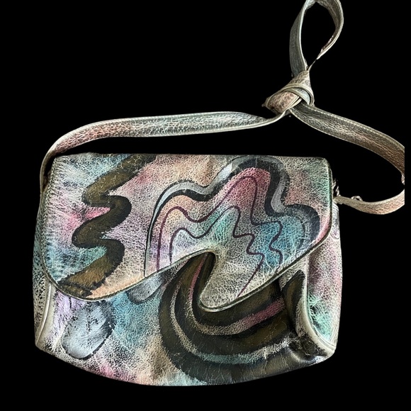Vintage 80s Brit Rosen Signed Hand Painted Abstract Leather Shoulder Bag Purse - Picture 7 of 13